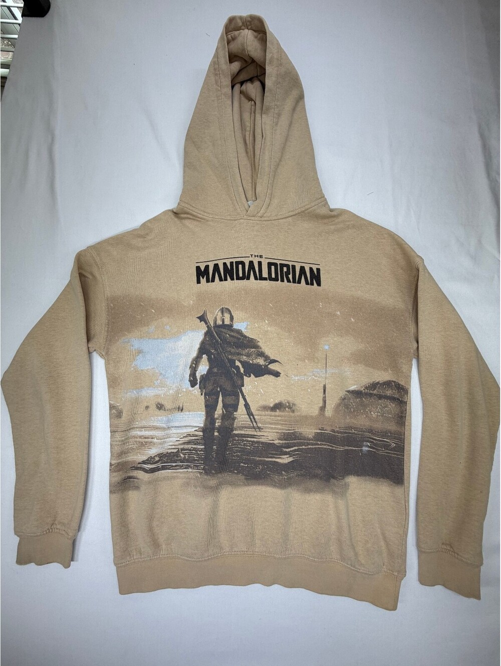 H&M Boy's Graphic Hoodie Oversized Mandalorian Pullover Fleece Size 12 Beige